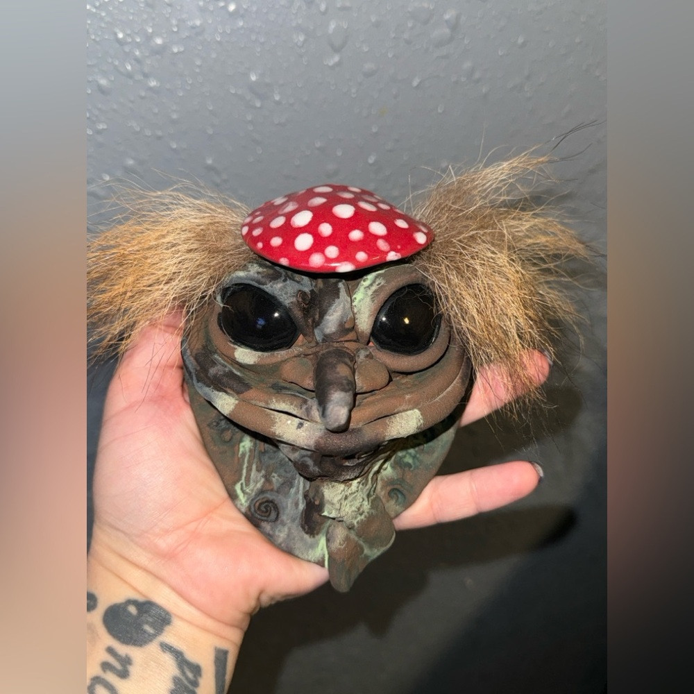 Whimsical Amanita Mushroom Creature Figurine With Hair Forest Dweller - Picture 1 of 9